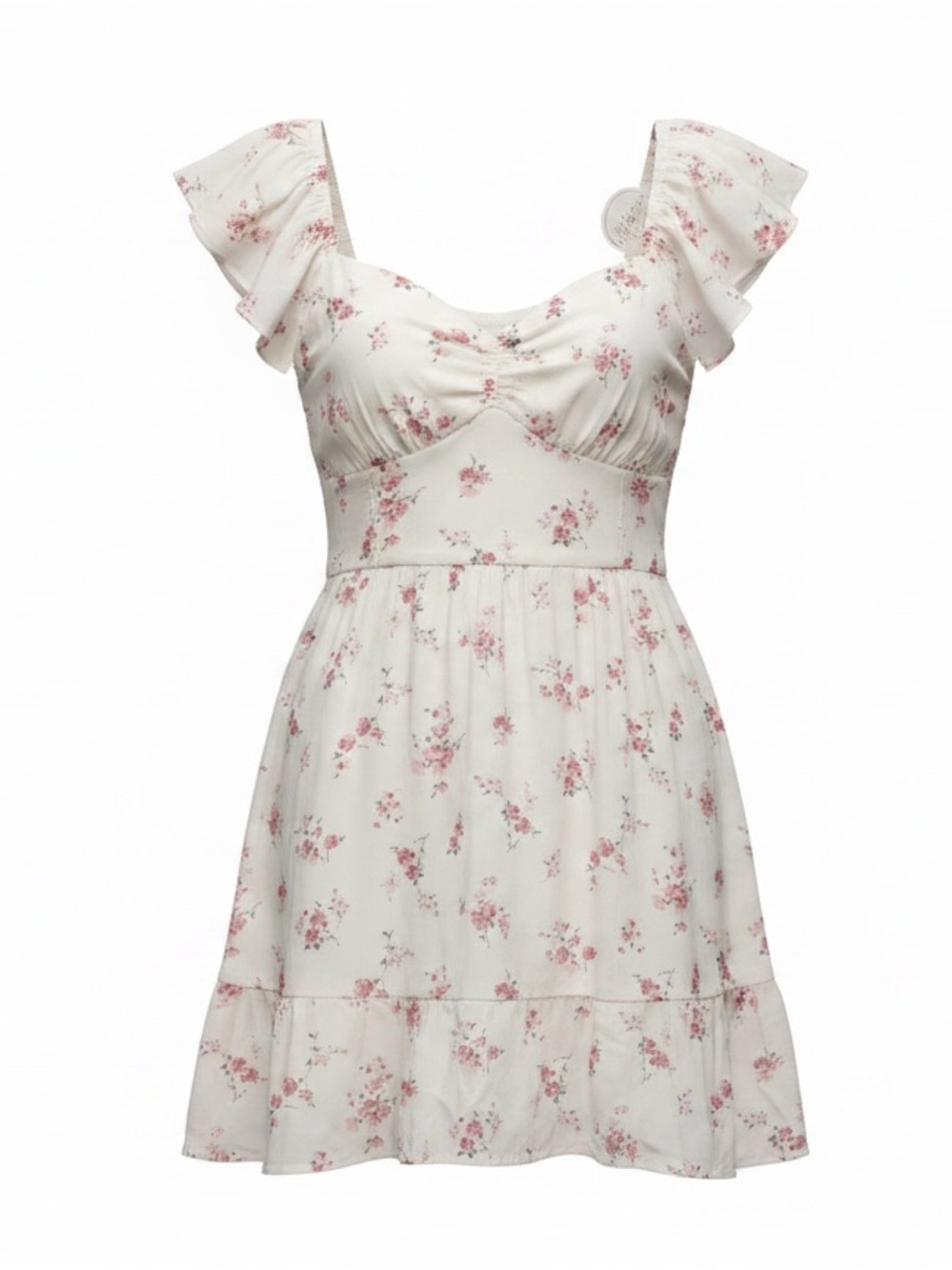 Floral Ruffle Sleeve Sun Dress - White with Pink Blossoms